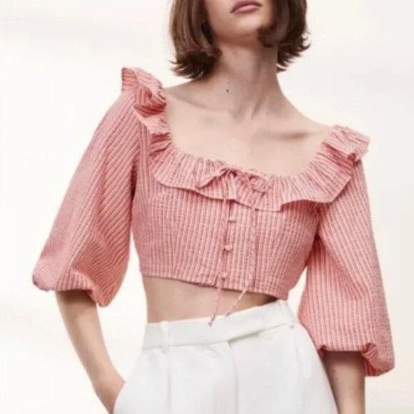 NEW Zara Cotton striped puff sleeve crop top in Red and White, Size L - Picture 3 of 15